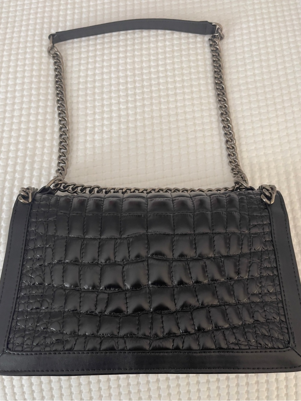 Zara Black Quilted Croc-Embossed Chain Shoulder Bag